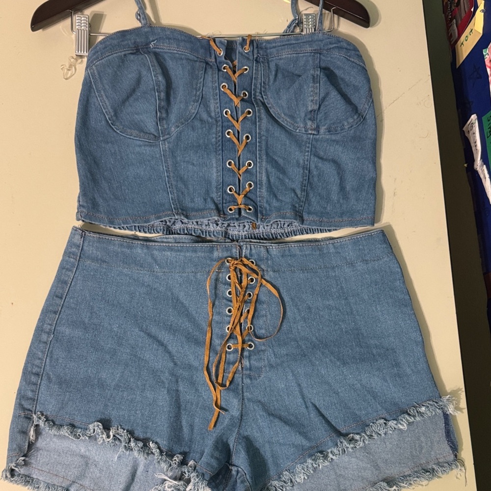 Chic Denim Lace-Up Two-Piece Set